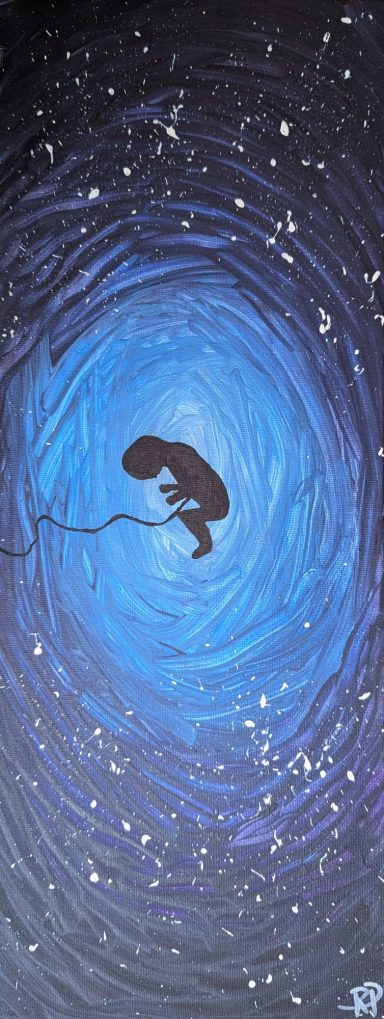 Ein schlafendes Kind schwebt in einem blauen, sternenübersäten Raum.
